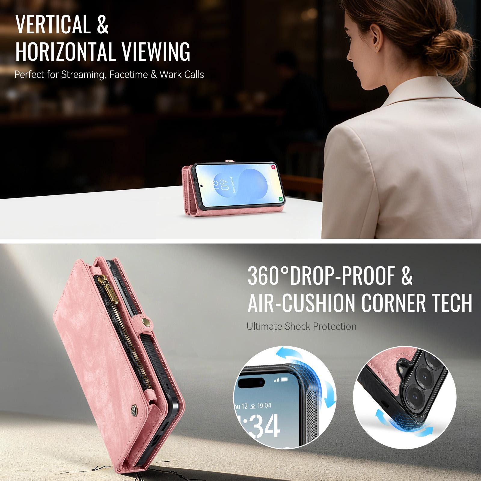 CaseMe 008 Samsung Galaxy S26 Plus 5G Θήκη Πορτοφόλι με Αποσπώμενη Θήκη Σιλικόνης -Pink