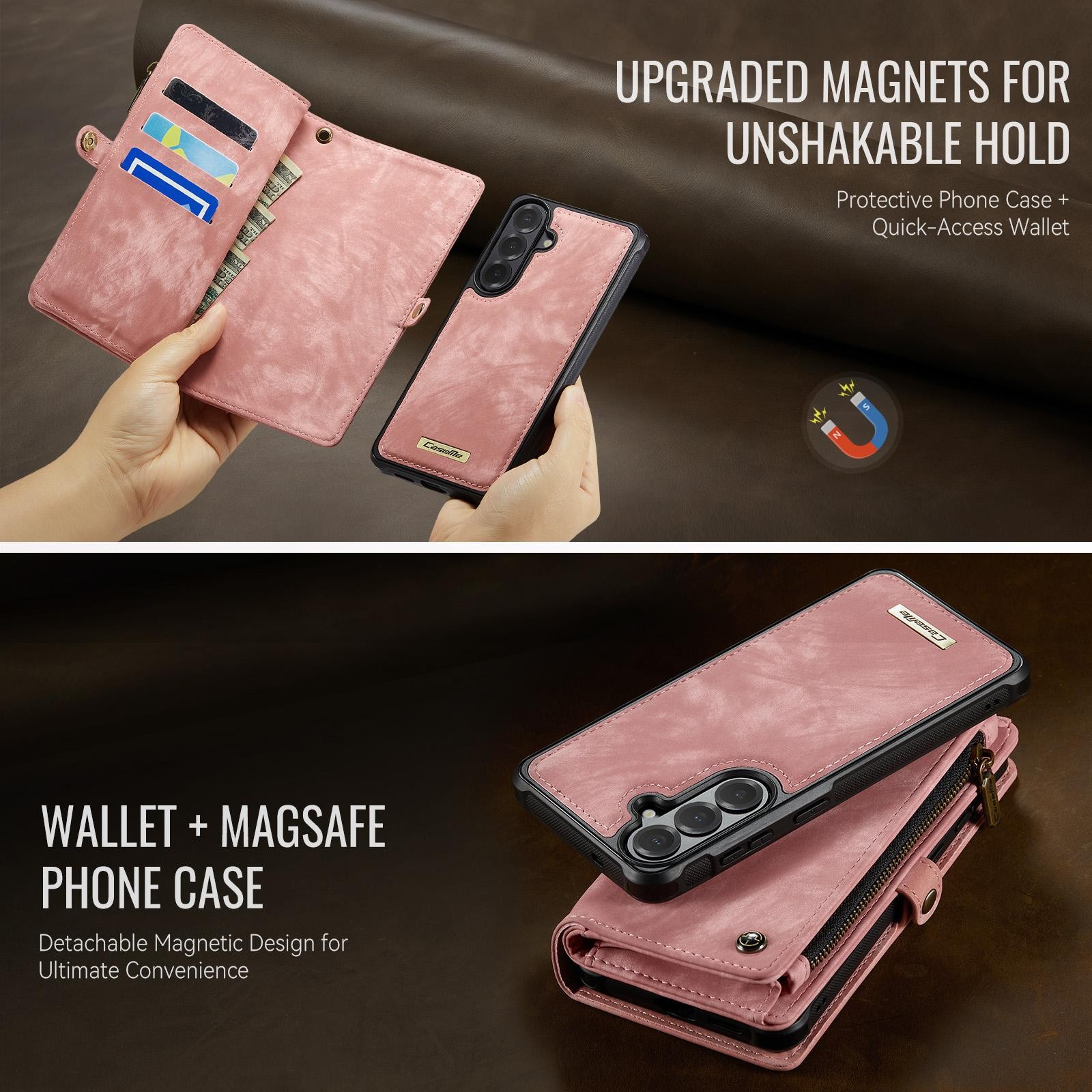 CaseMe 008 Samsung Galaxy S26 Plus 5G Θήκη Πορτοφόλι με Αποσπώμενη Θήκη Σιλικόνης -Pink