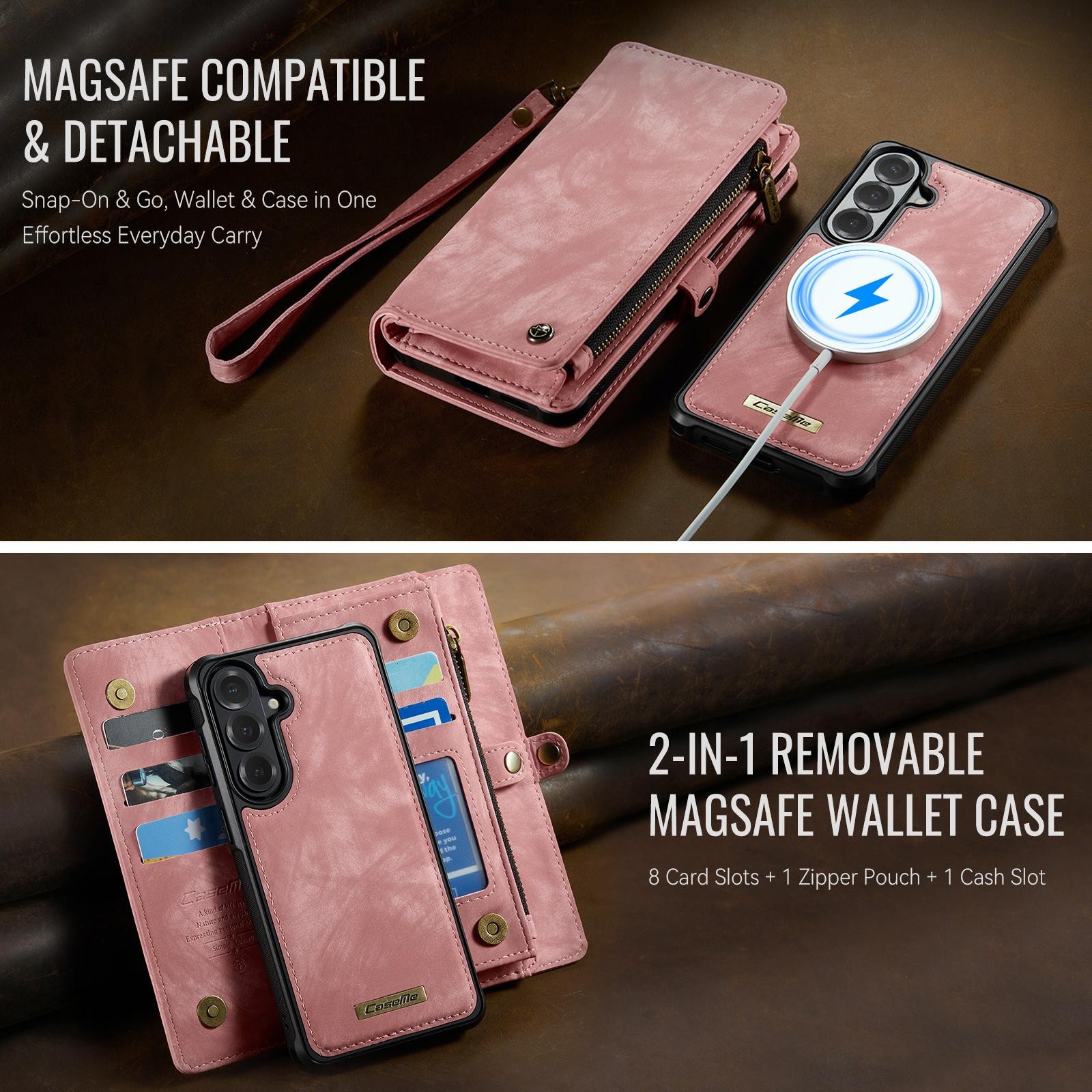 CaseMe 008 Samsung Galaxy S26 Plus 5G Θήκη Πορτοφόλι με Αποσπώμενη Θήκη Σιλικόνης -Pink