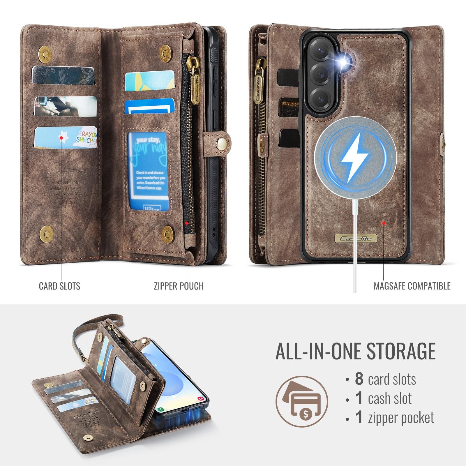 CaseMe 008 Samsung Galaxy S26 Plus 5G Θήκη Πορτοφόλι με Αποσπώμενη Θήκη Σιλικόνης -Brown