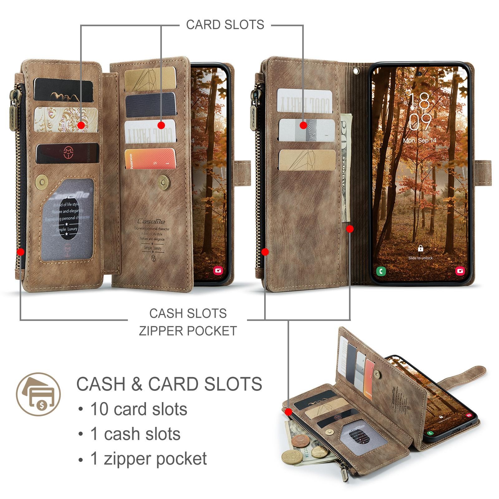 CaseMe C30 Samsung Galaxy S26 Plus 5G Card Slots Zipper Θήκη Πορτοφόλι Δερμάτινη –Brown