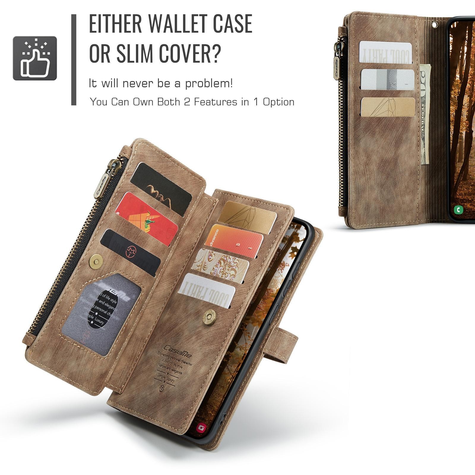 CaseMe C30 Samsung Galaxy S26 Plus 5G Card Slots Zipper Θήκη Πορτοφόλι Δερμάτινη –Brown