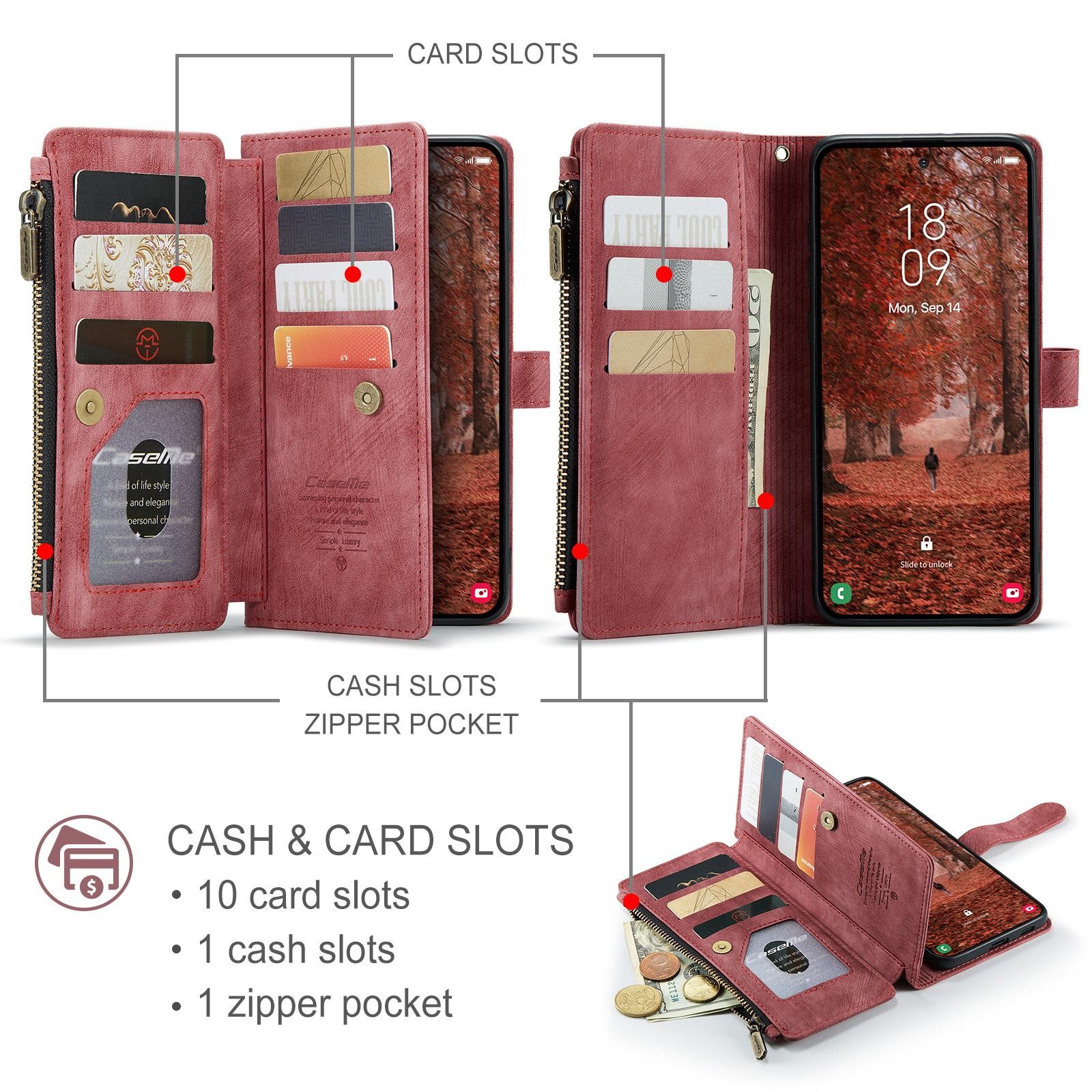 CaseMe C30 Samsung Galaxy S26 Plus 5G Card Slots Zipper Θήκη Πορτοφόλι Δερμάτινη –Red