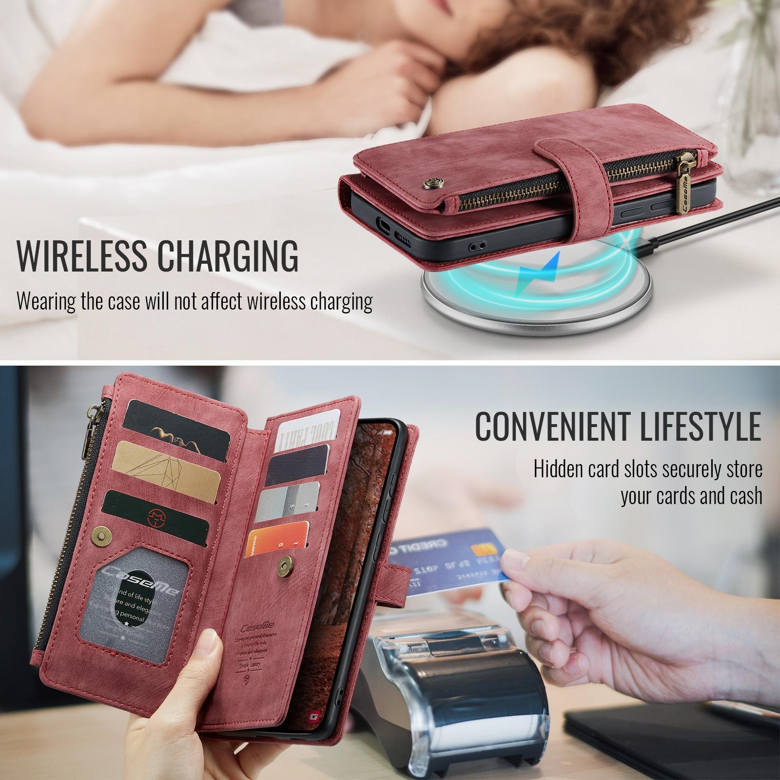 CaseMe C30 Samsung Galaxy S26 Plus 5G Card Slots Zipper Θήκη Πορτοφόλι Δερμάτινη –Red
