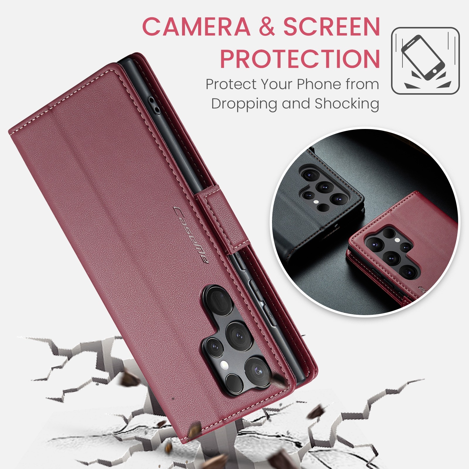 CaseMe 023 Samsung Galaxy S24 Ultra 5G RFID Θήκη Πορτοφόλι Δερμάτινη –Wine red