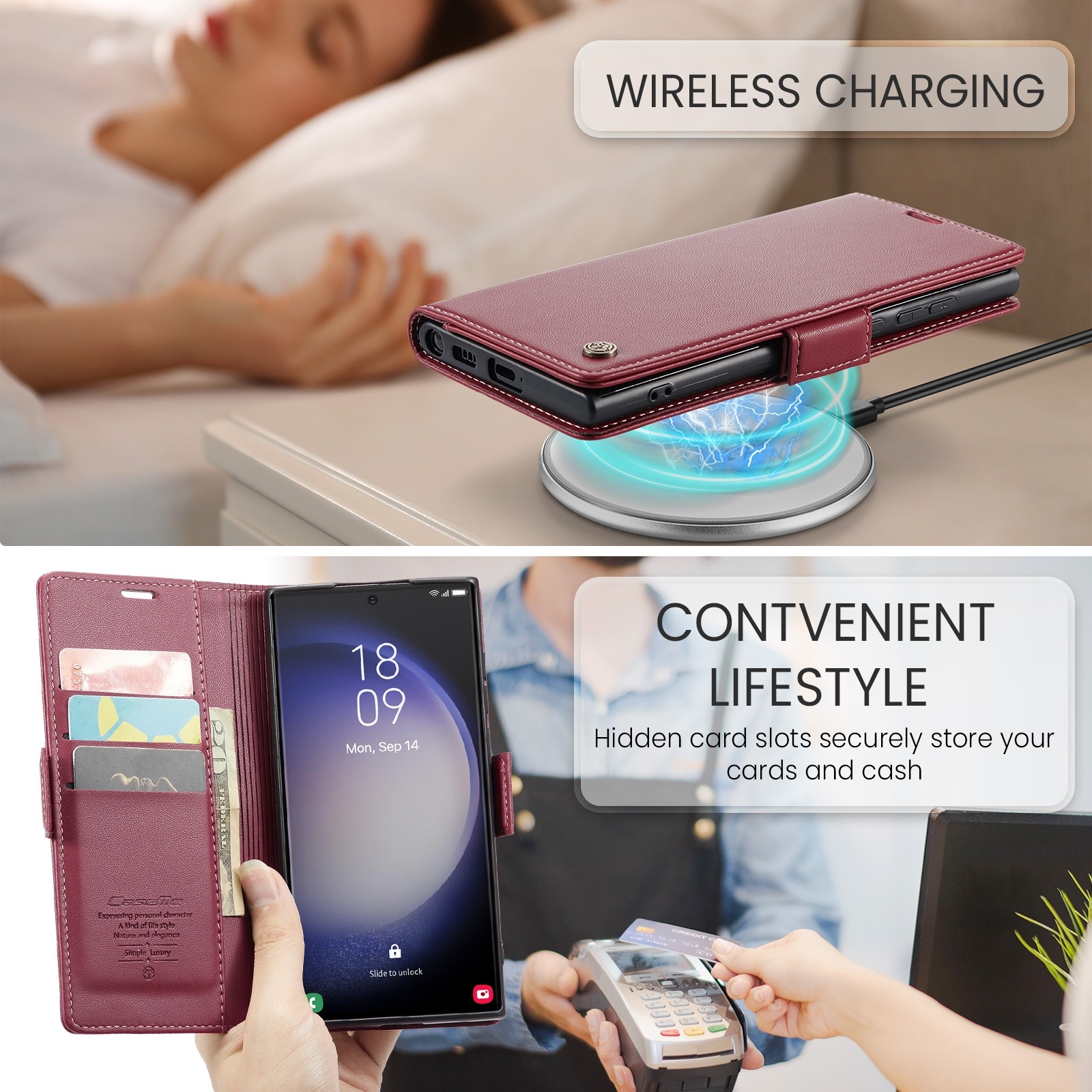 CaseMe 023 Samsung Galaxy S24 Ultra 5G RFID Θήκη Πορτοφόλι Δερμάτινη –Wine red