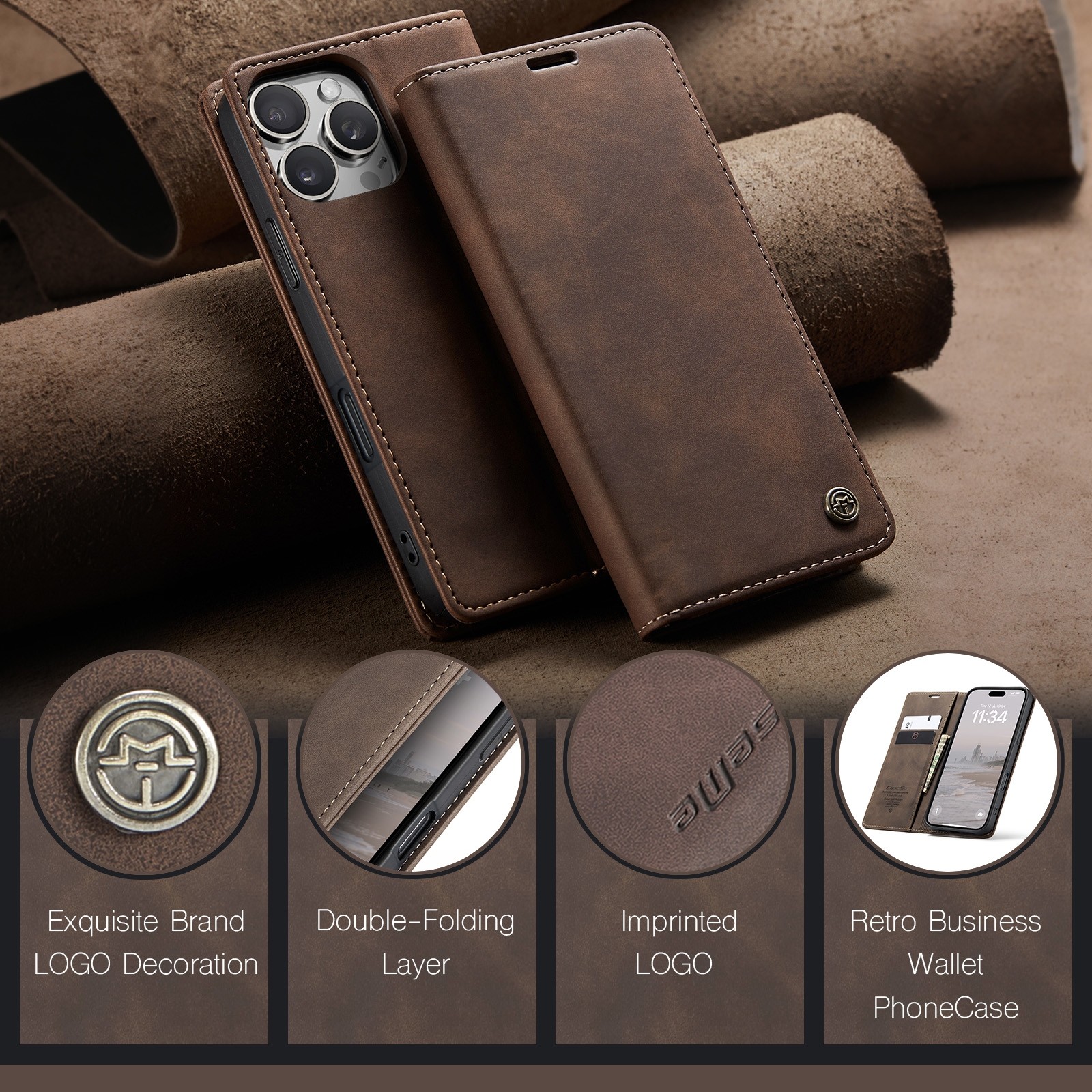 CaseMe 013 iPhone 16 Pro Max Retro Leather Θήκη Βιβλίο–Coffee