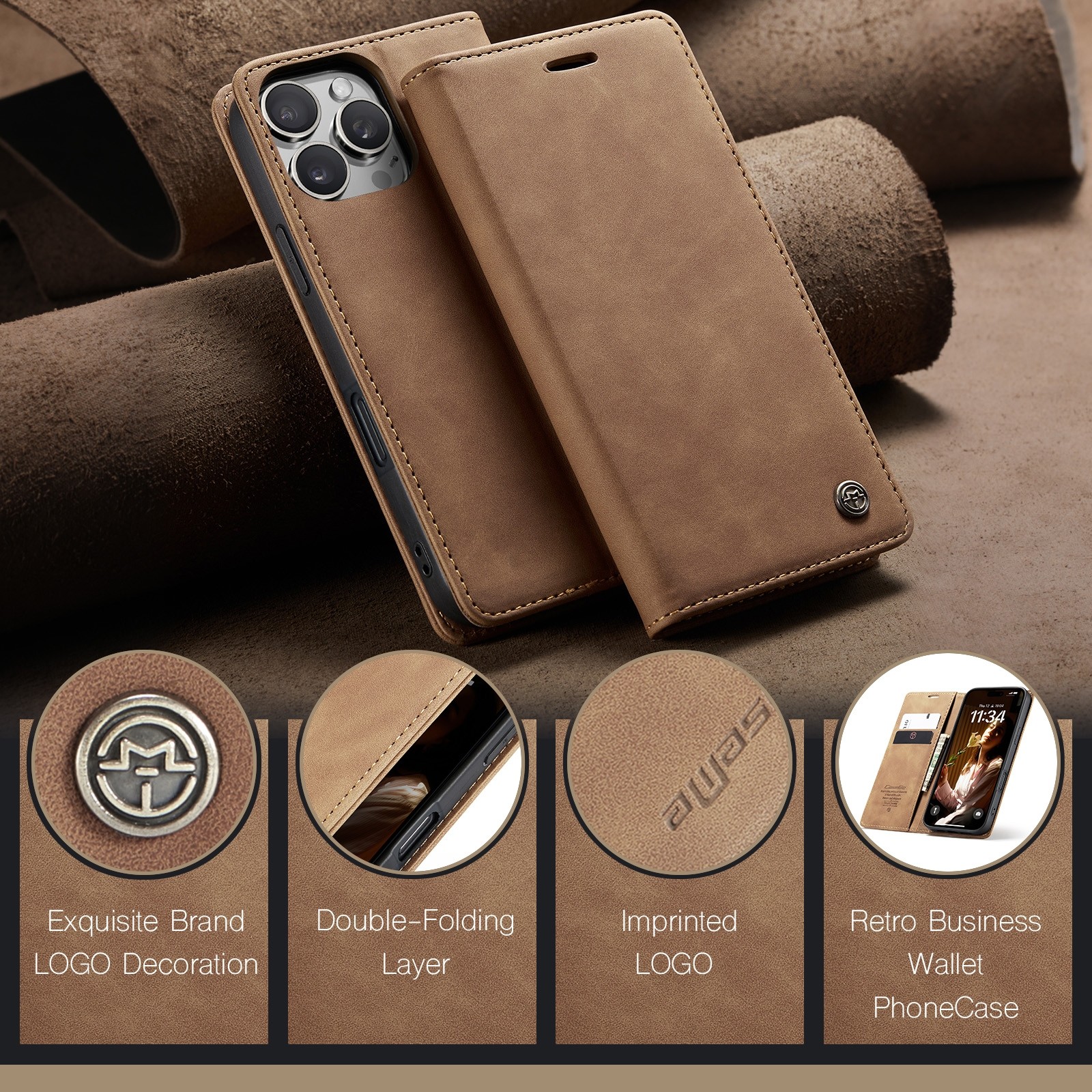 CaseMe 013 iPhone 16 Pro Max Retro Leather Θήκη Βιβλίο -Brown