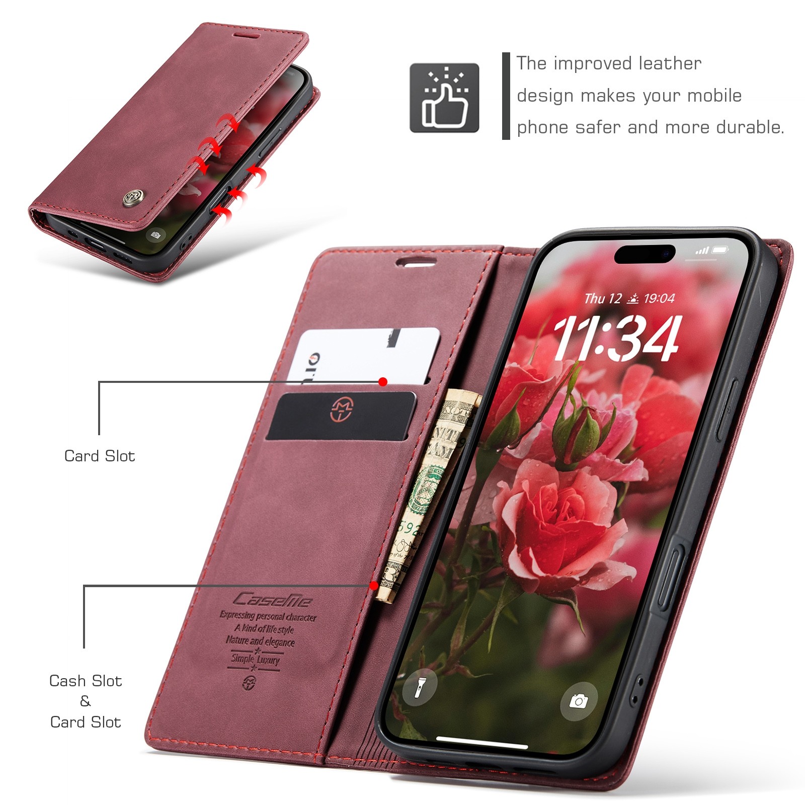 CaseMe 013 iPhone 16 Pro Max Retro Leather Θήκη Βιβλίο -Red