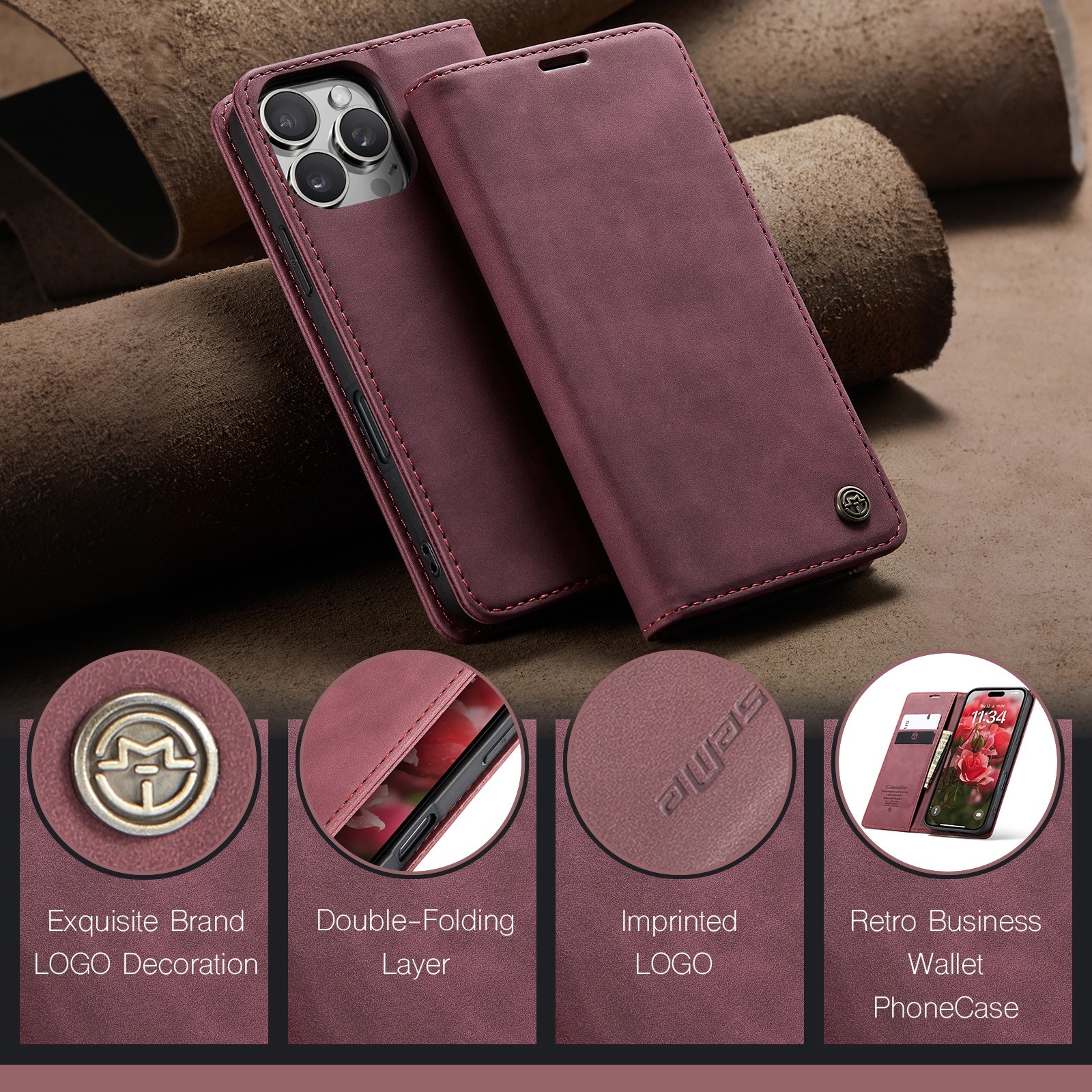 CaseMe 013 iPhone 16 Pro Max Retro Leather Θήκη Βιβλίο -Red