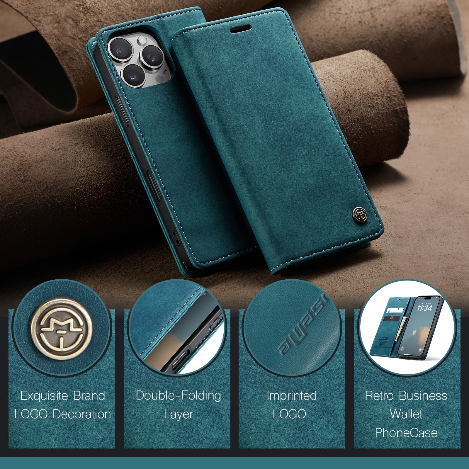 CaseMe 013 iPhone 16 Pro Max Retro Leather -Θήκη Βιβλίο-Blue