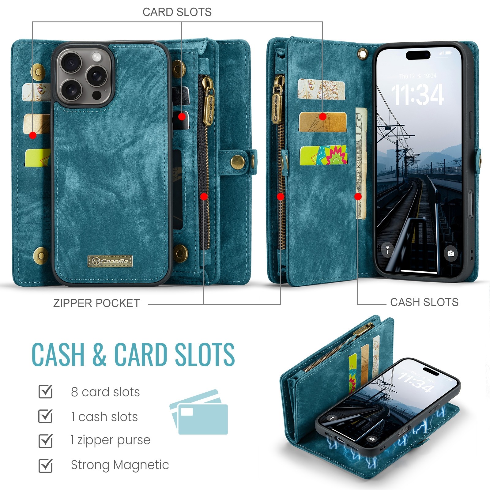 CaseMe 008 iPhone 16 Pro Max Θήκη Πορτοφόλι με Αποσπώμενη Θήκη Σιλικόνης -Blue