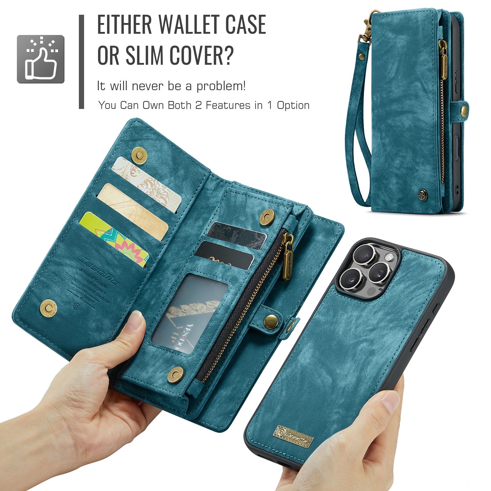 CaseMe 008 iPhone 16 Pro Max Θήκη Πορτοφόλι με Αποσπώμενη Θήκη Σιλικόνης -Blue
