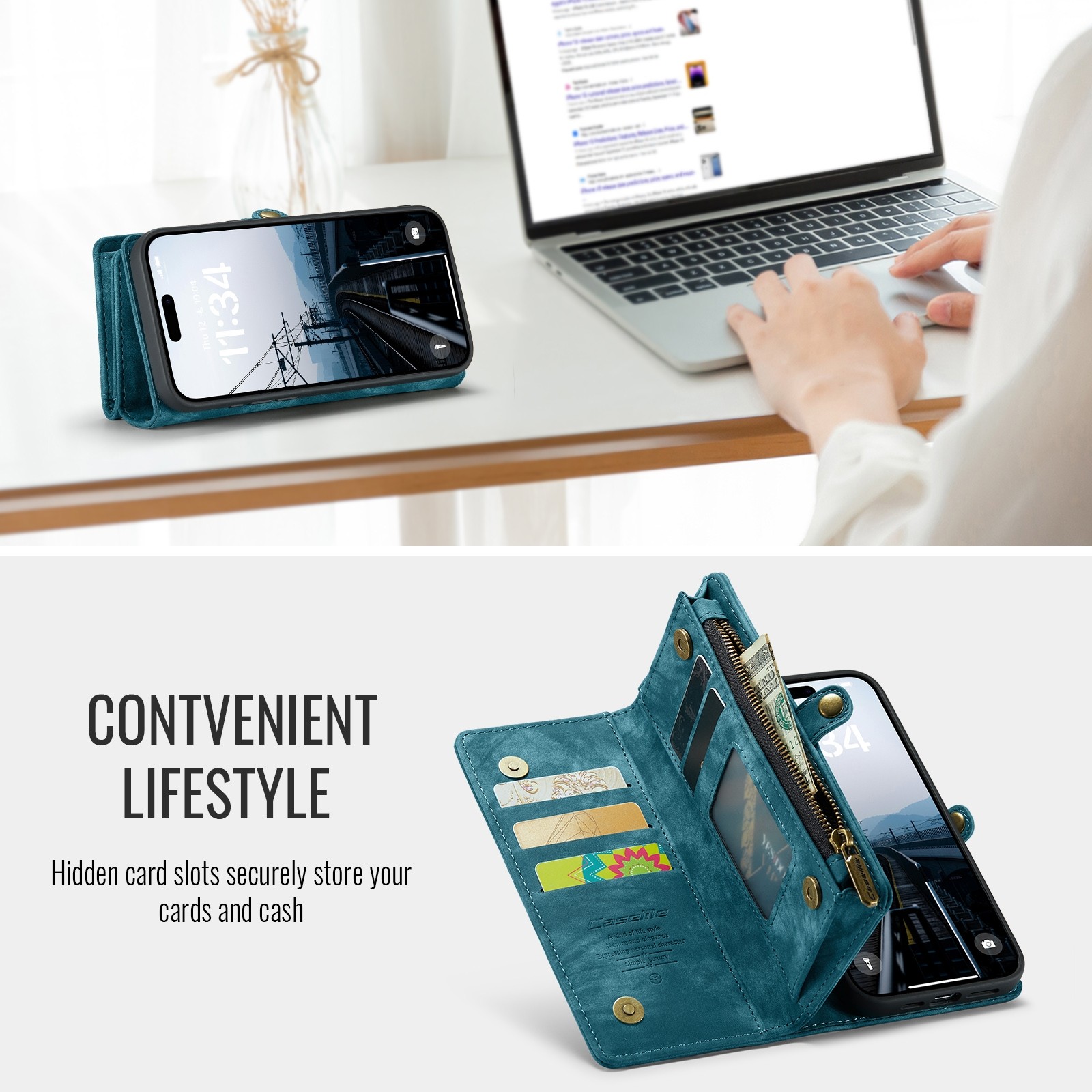 CaseMe 008 iPhone 16 Pro Max Θήκη Πορτοφόλι με Αποσπώμενη Θήκη Σιλικόνης -Blue