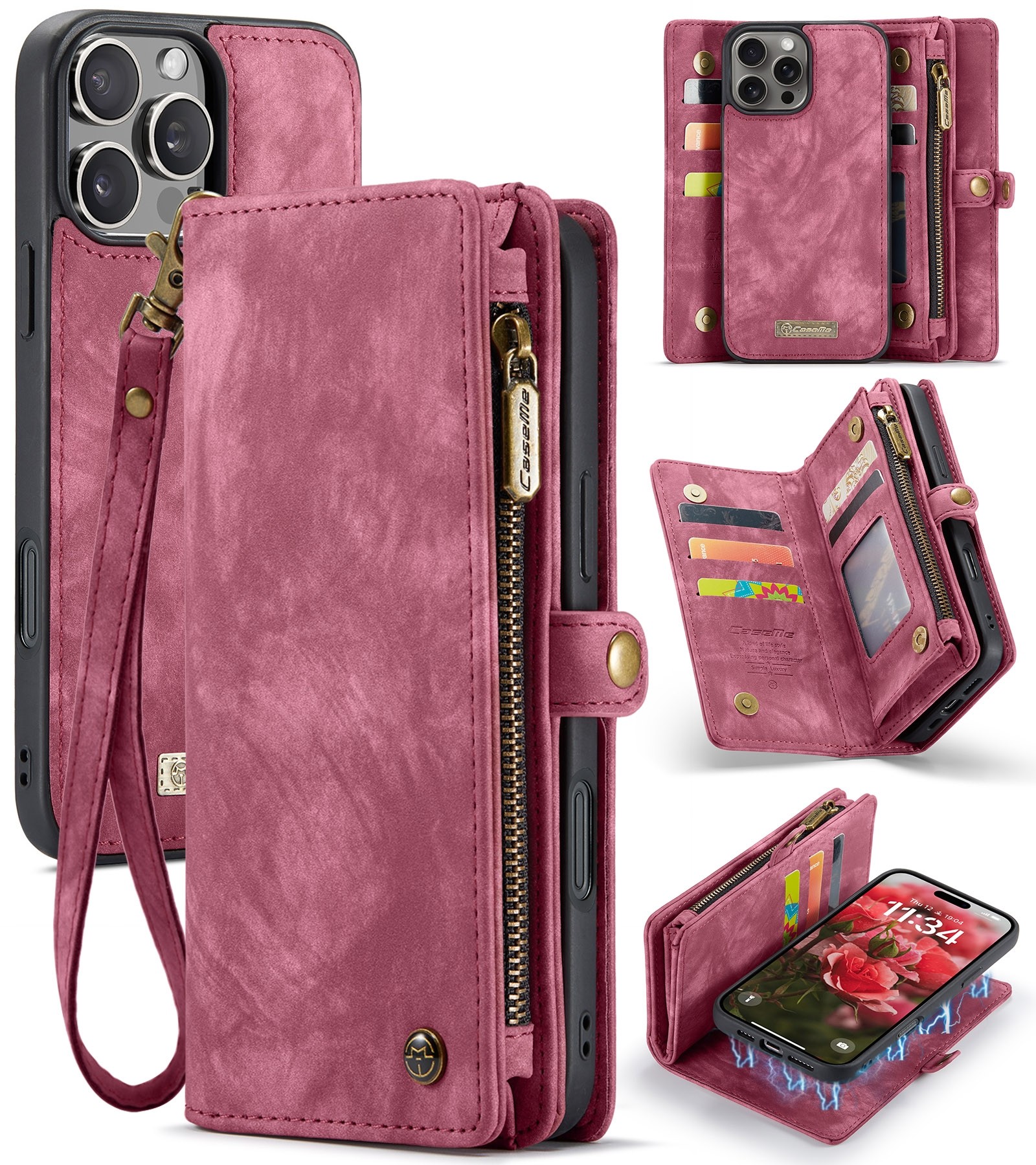 CaseMe 008 iPhone 16 Pro Max Θήκη Πορτοφόλι με Αποσπώμενη Θήκη Σιλικόνης -Red