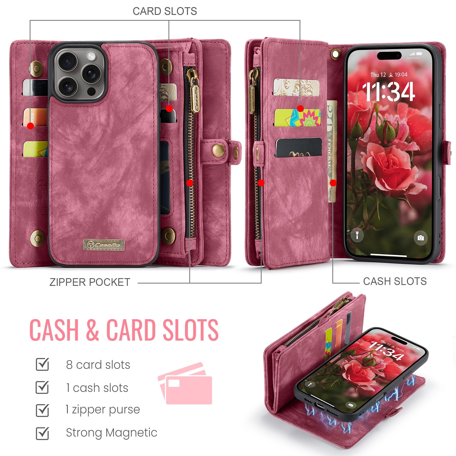CaseMe 008 iPhone 16 Pro Max Θήκη Πορτοφόλι με Αποσπώμενη Θήκη Σιλικόνης -Red