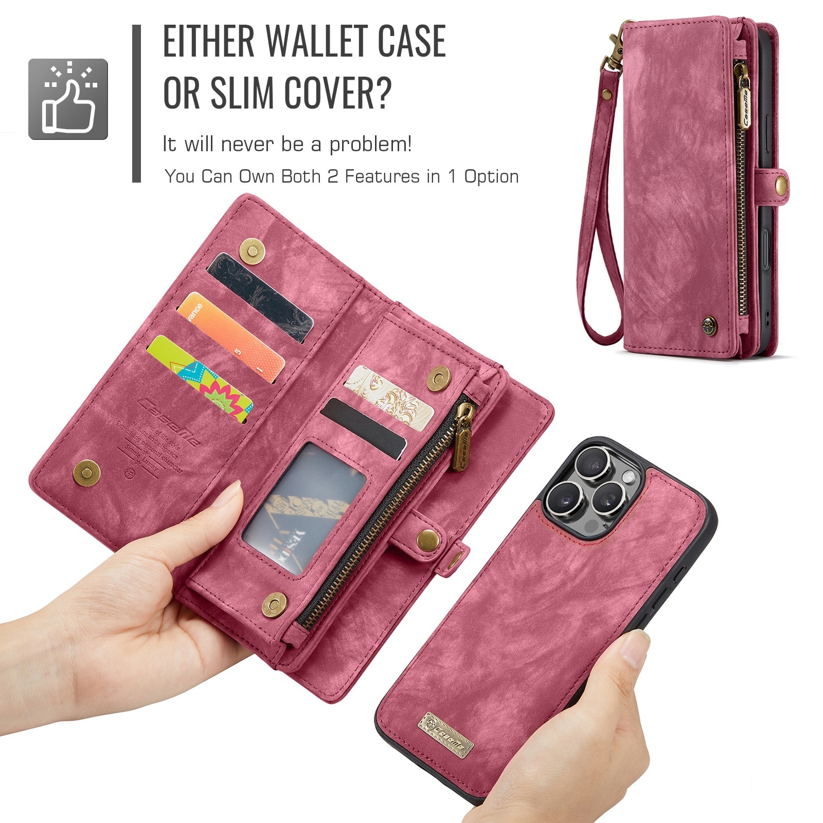 CaseMe 008 iPhone 16 Pro Max Θήκη Πορτοφόλι με Αποσπώμενη Θήκη Σιλικόνης -Red