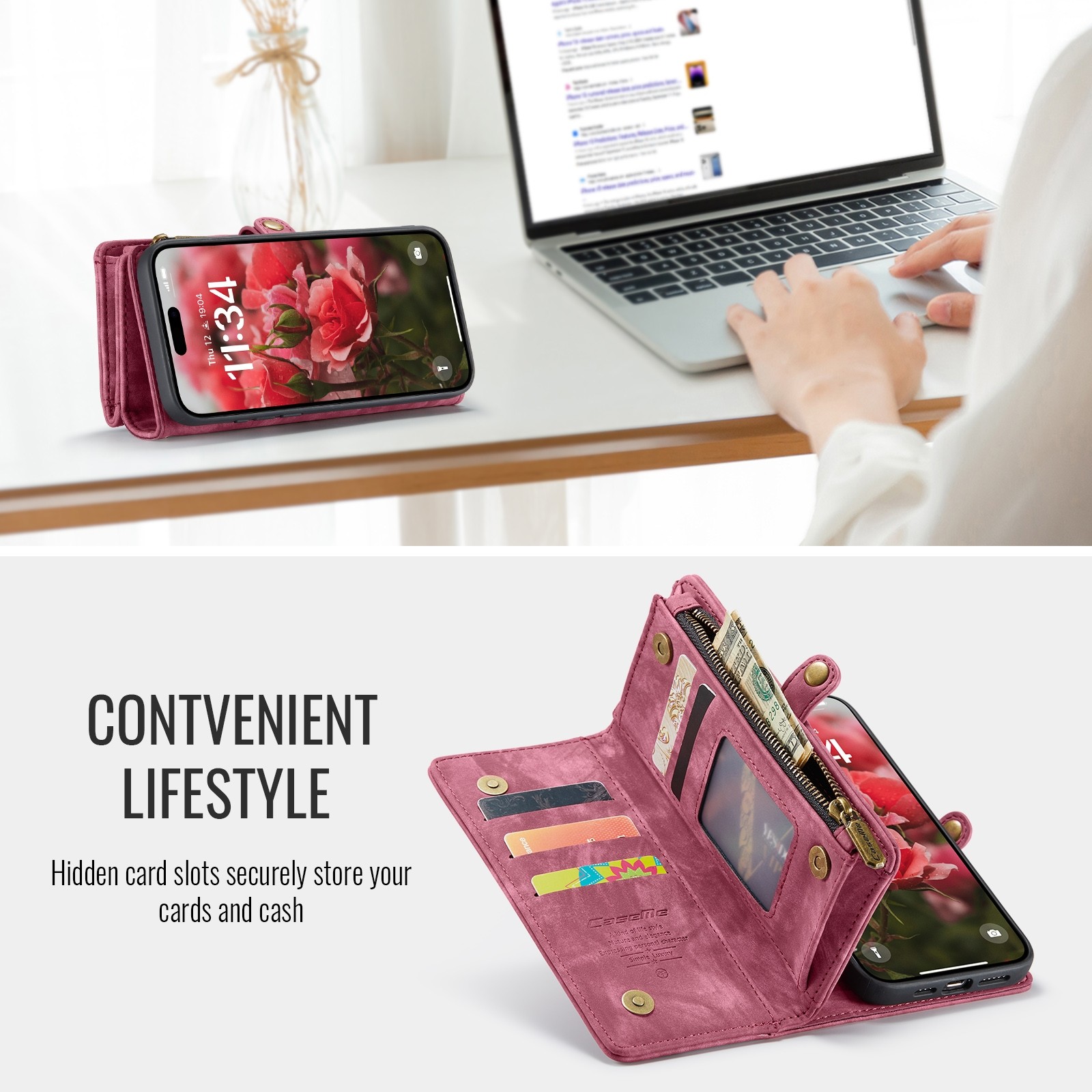 CaseMe 008 iPhone 16 Pro Max Θήκη Πορτοφόλι με Αποσπώμενη Θήκη Σιλικόνης -Red