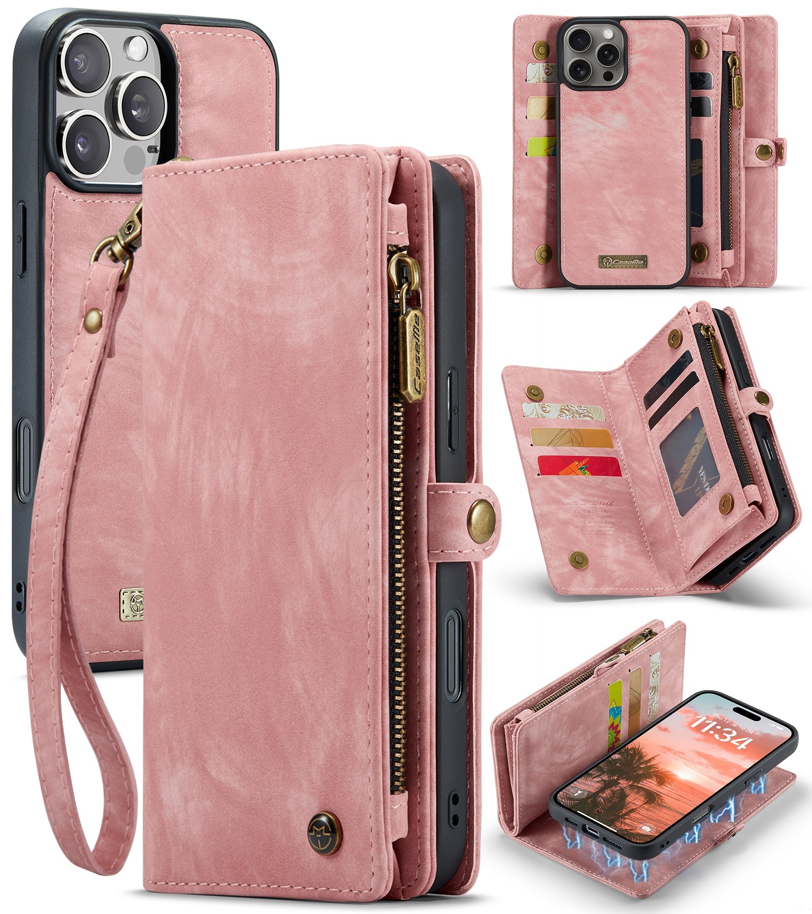 CaseMe 008 iPhone 16 Pro Max Θήκη Πορτοφόλι με Αποσπώμενη Θήκη Σιλικόνης -Pink