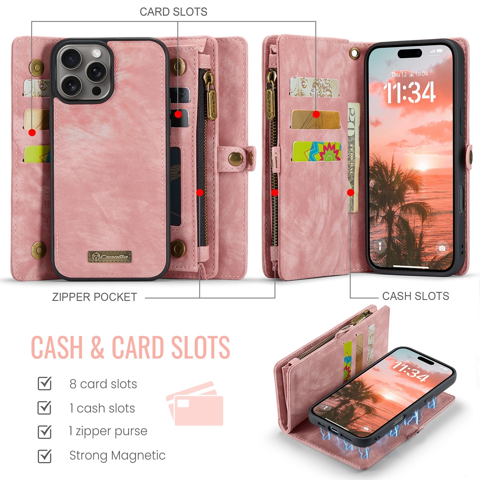 CaseMe 008 iPhone 16 Pro Max Θήκη Πορτοφόλι με Αποσπώμενη Θήκη Σιλικόνης -Pink