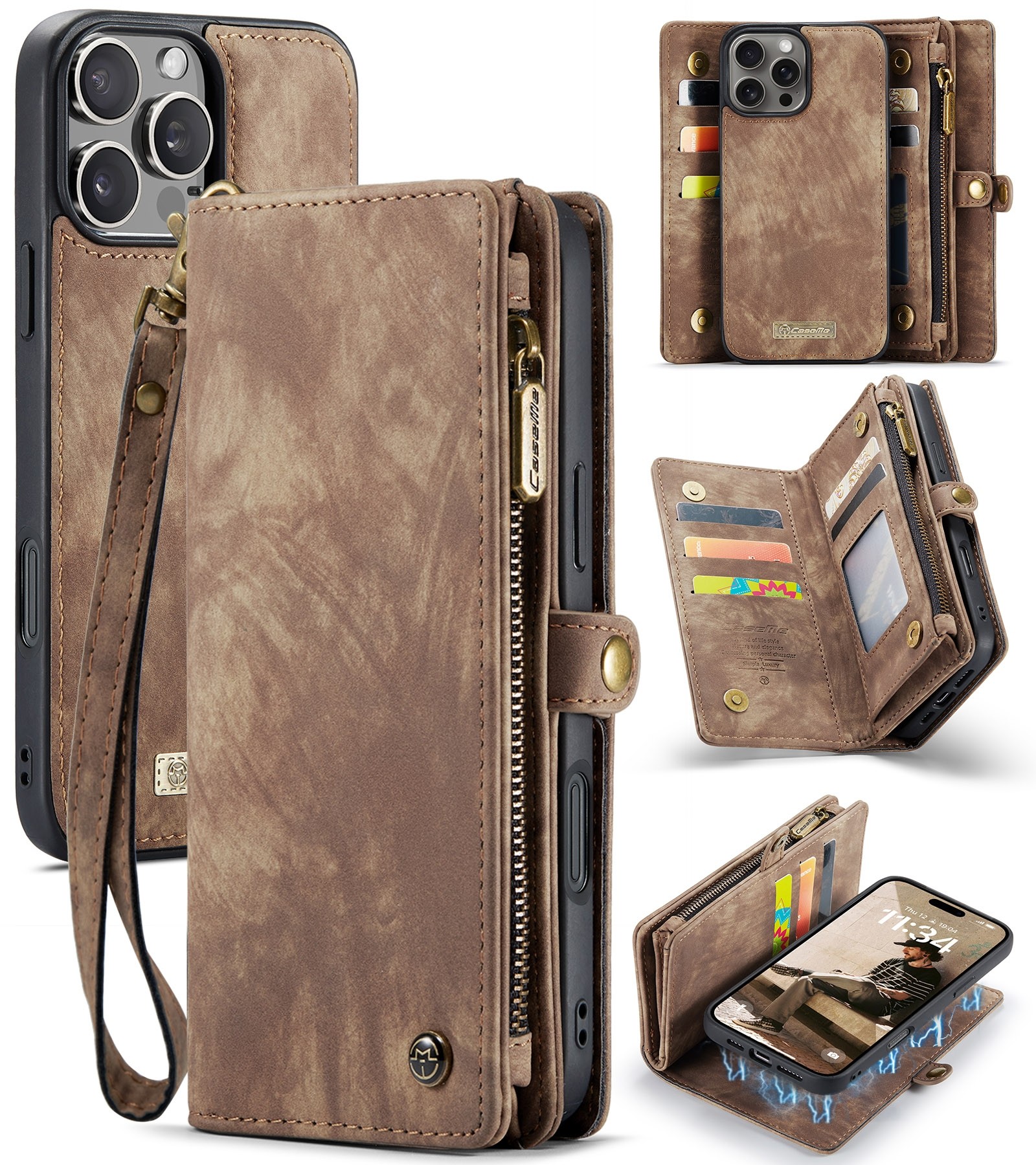 CaseMe 008 iPhone 16 Pro Max Θήκη Πορτοφόλι με Αποσπώμενη Θήκη Σιλικόνης -Brown