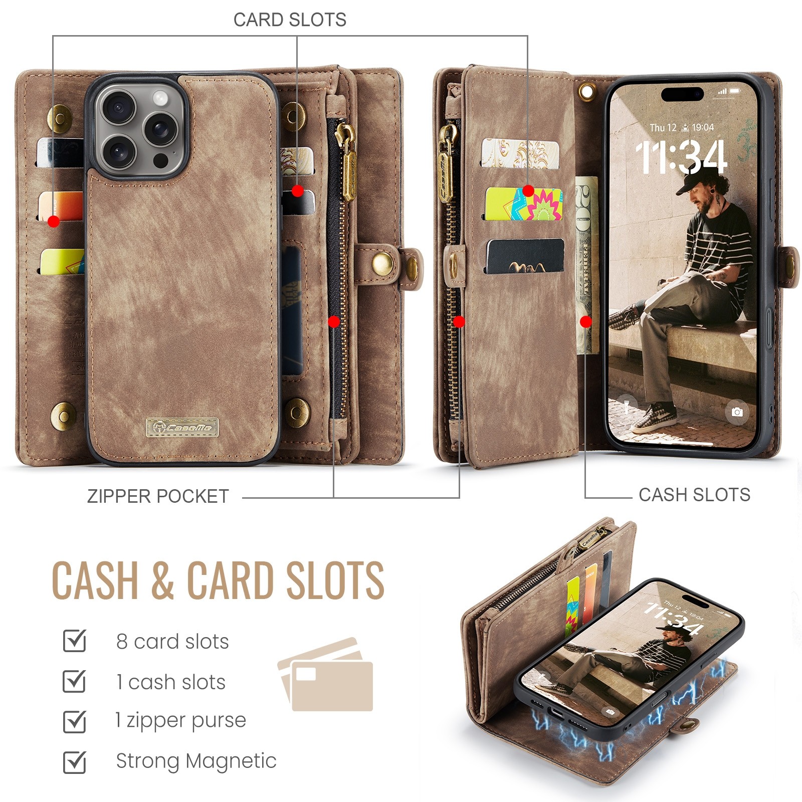 CaseMe 008 iPhone 16 Pro Max Θήκη Πορτοφόλι με Αποσπώμενη Θήκη Σιλικόνης -Brown