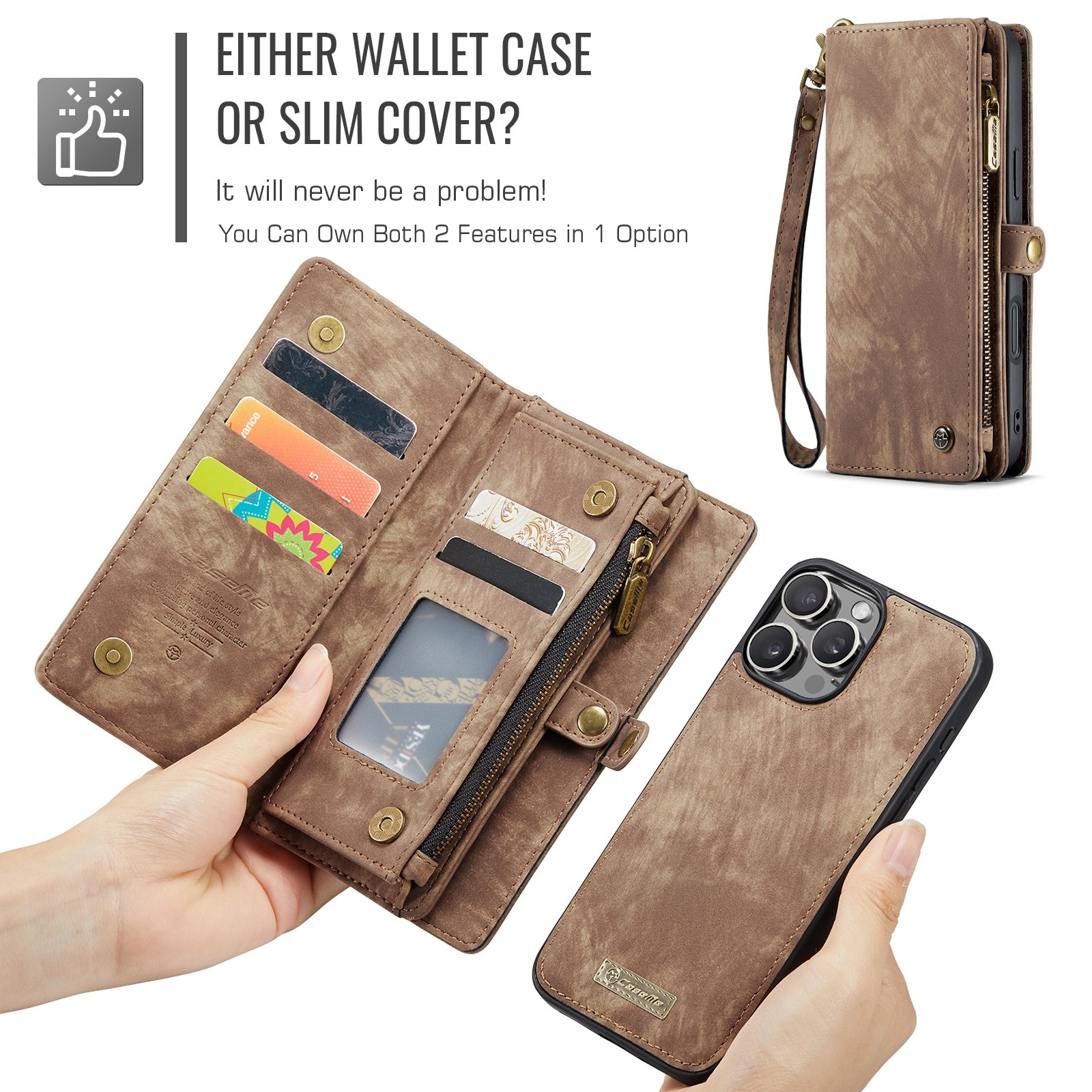 CaseMe 008 iPhone 16 Pro Max Θήκη Πορτοφόλι με Αποσπώμενη Θήκη Σιλικόνης -Brown