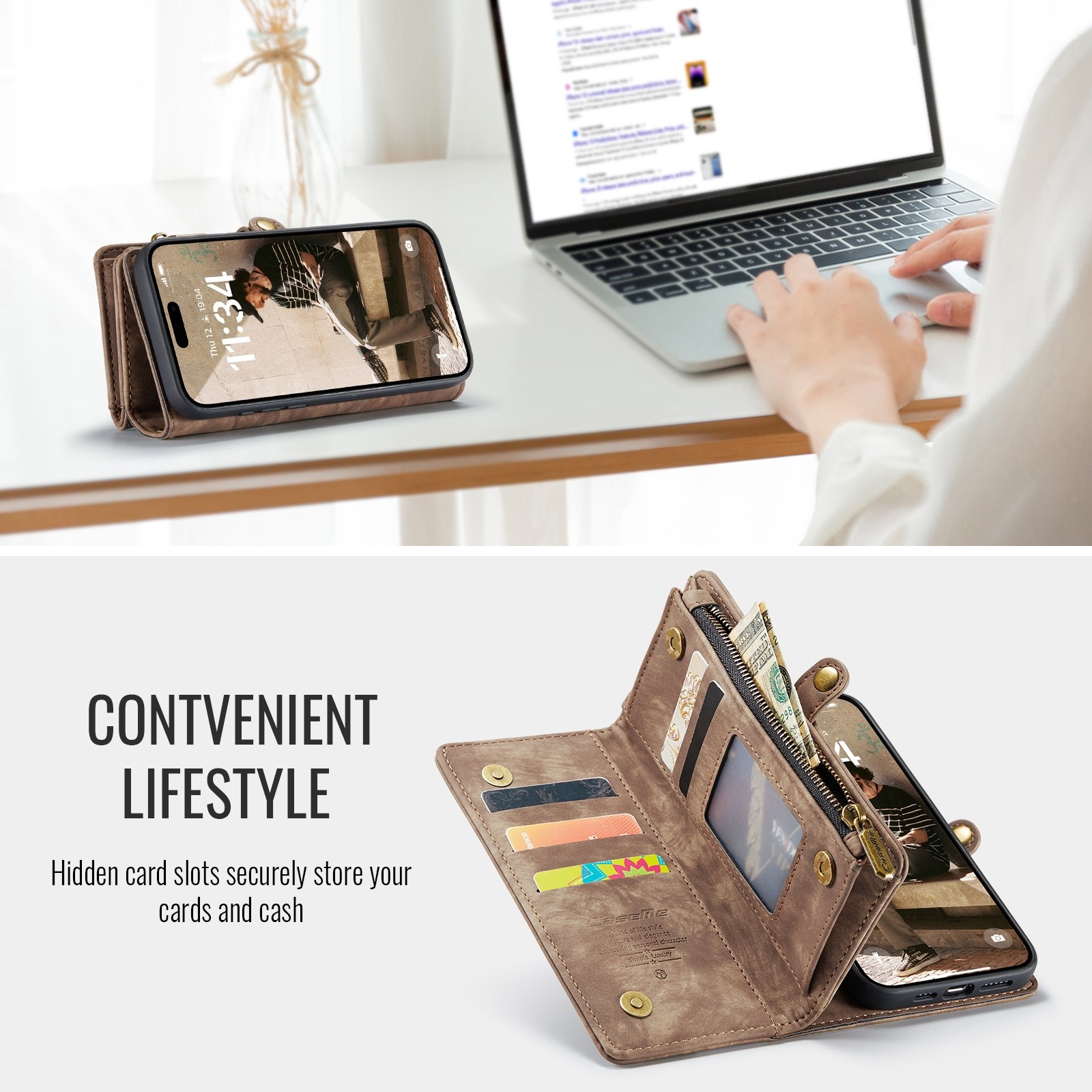 CaseMe 008 iPhone 16 Pro Max Θήκη Πορτοφόλι με Αποσπώμενη Θήκη Σιλικόνης -Brown
