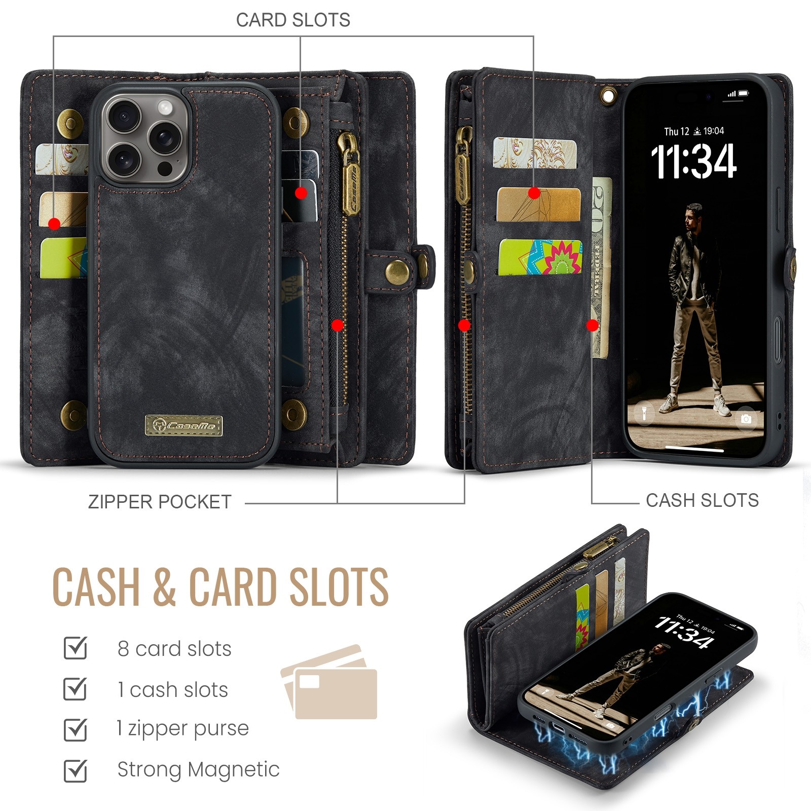 CaseMe 008 iPhone 16 Pro Max Θήκη Πορτοφόλι με Αποσπώμενη Θήκη Σιλικόνης - Black