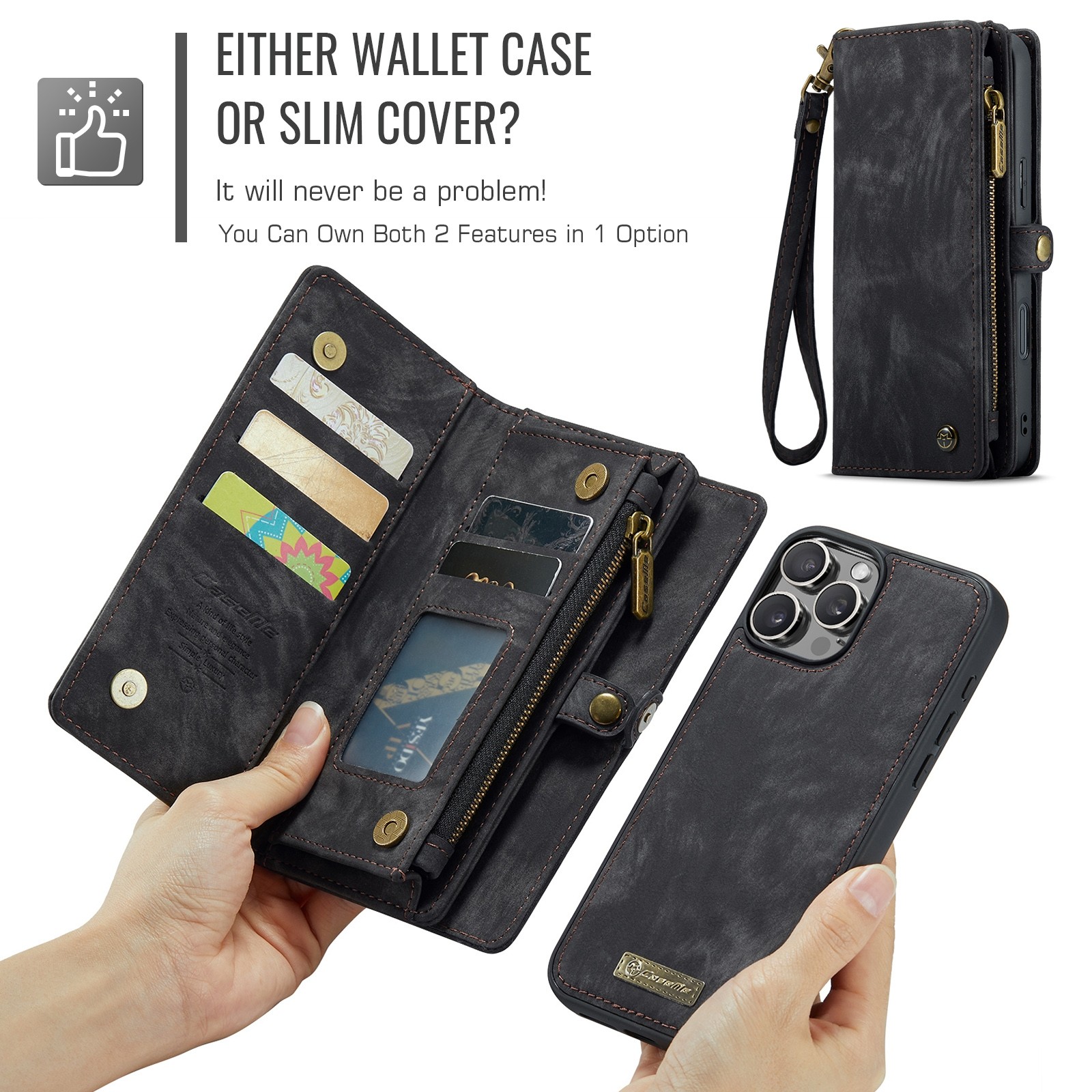 CaseMe 008 iPhone 16 Pro Max Θήκη Πορτοφόλι με Αποσπώμενη Θήκη Σιλικόνης - Black