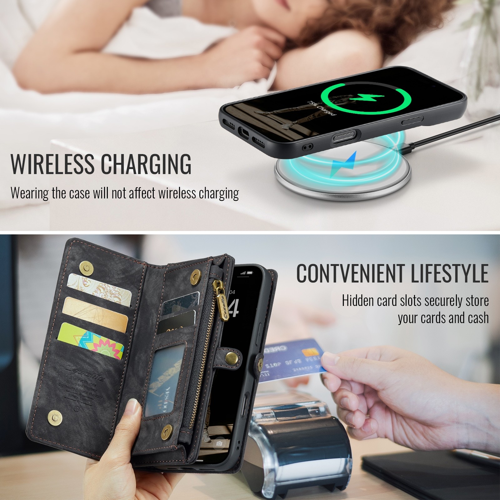 CaseMe 008 iPhone 16 Pro Max Θήκη Πορτοφόλι με Αποσπώμενη Θήκη Σιλικόνης - Black