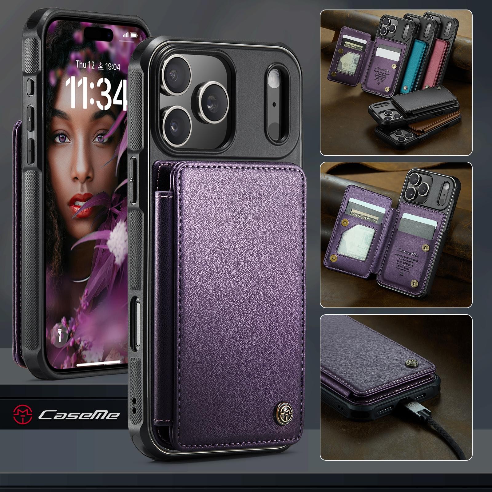 CaseMe C22 iPhone 17 Pro Max Wallet RFID Θήκη Δερμάτινη -Purple