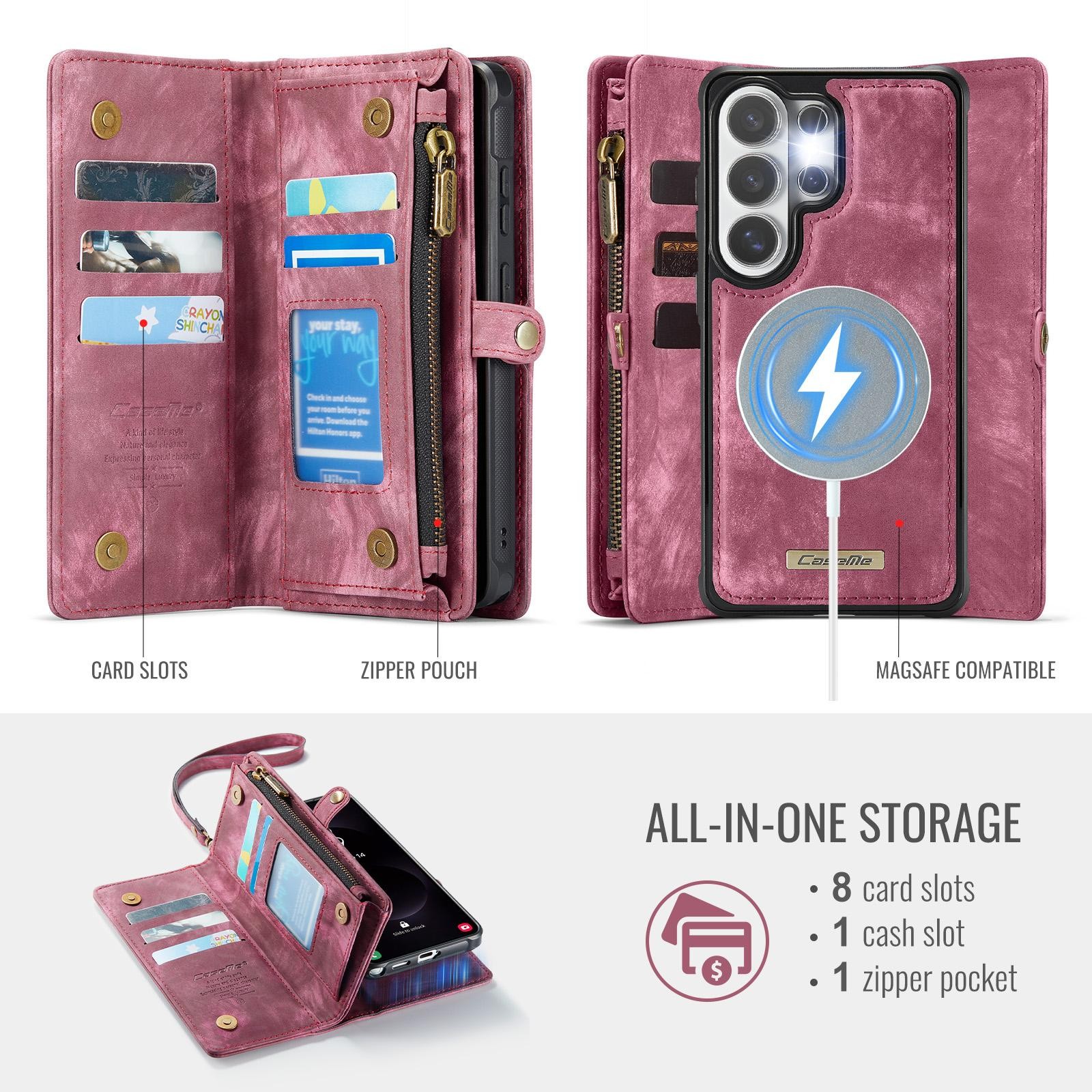 CaseMe 008 Samsung Galaxy S26 Ultra 5G Θήκη Πορτοφόλι με Αποσπώμενη Θήκη Σιλικόνης - Wine red