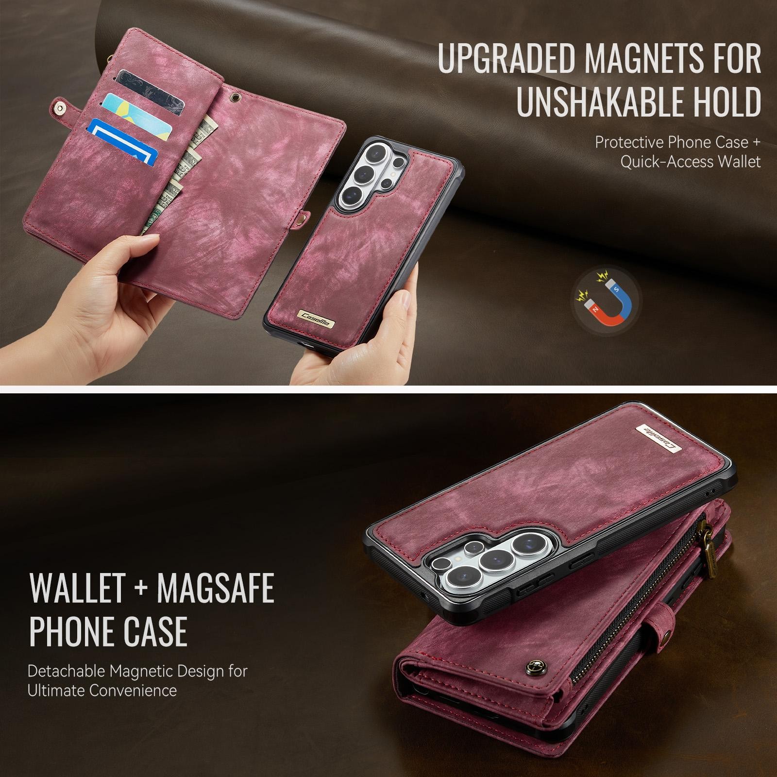 CaseMe 008 Samsung Galaxy S26 Ultra 5G Θήκη Πορτοφόλι με Αποσπώμενη Θήκη Σιλικόνης - Wine red