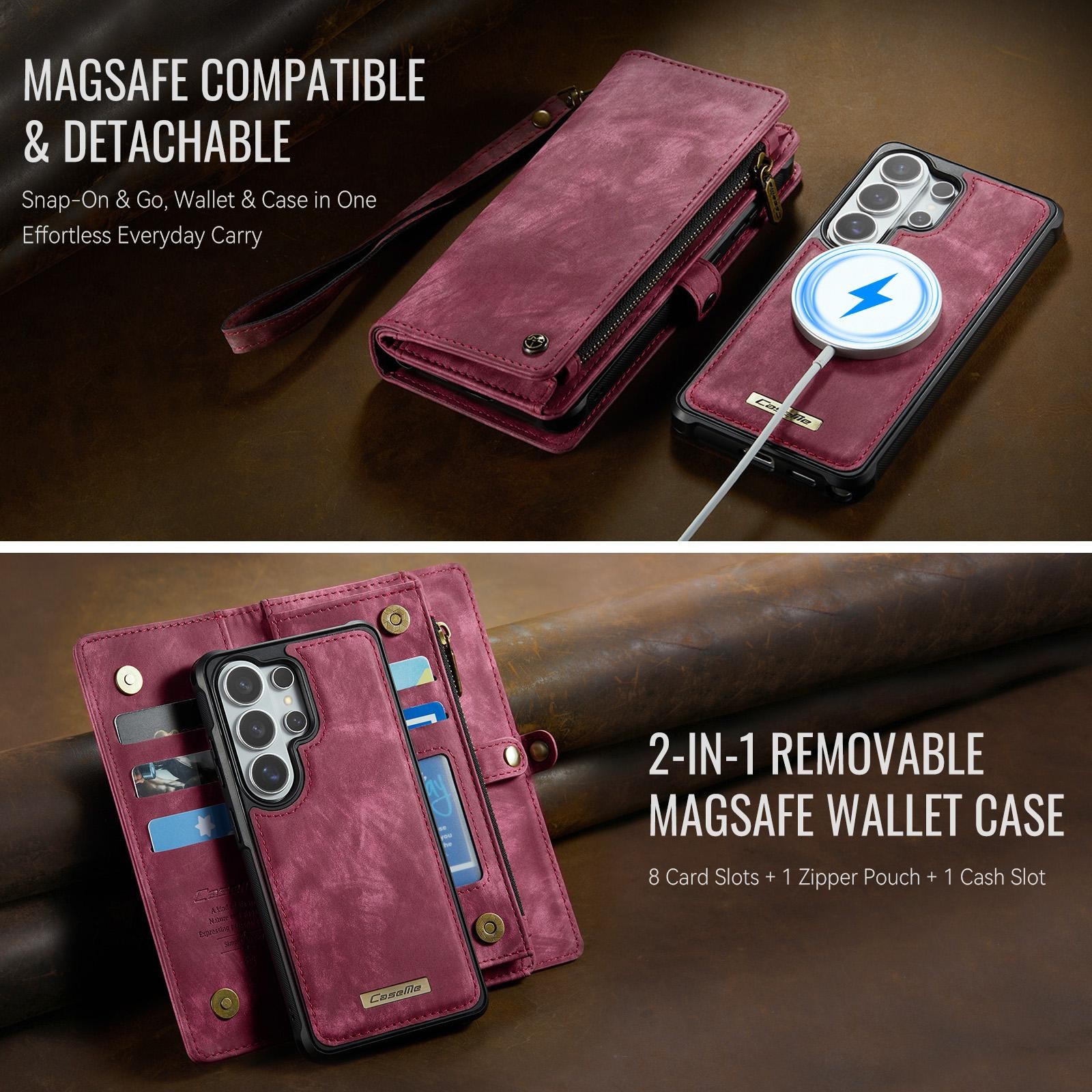 CaseMe 008 Samsung Galaxy S26 Ultra 5G Θήκη Πορτοφόλι με Αποσπώμενη Θήκη Σιλικόνης - Wine red